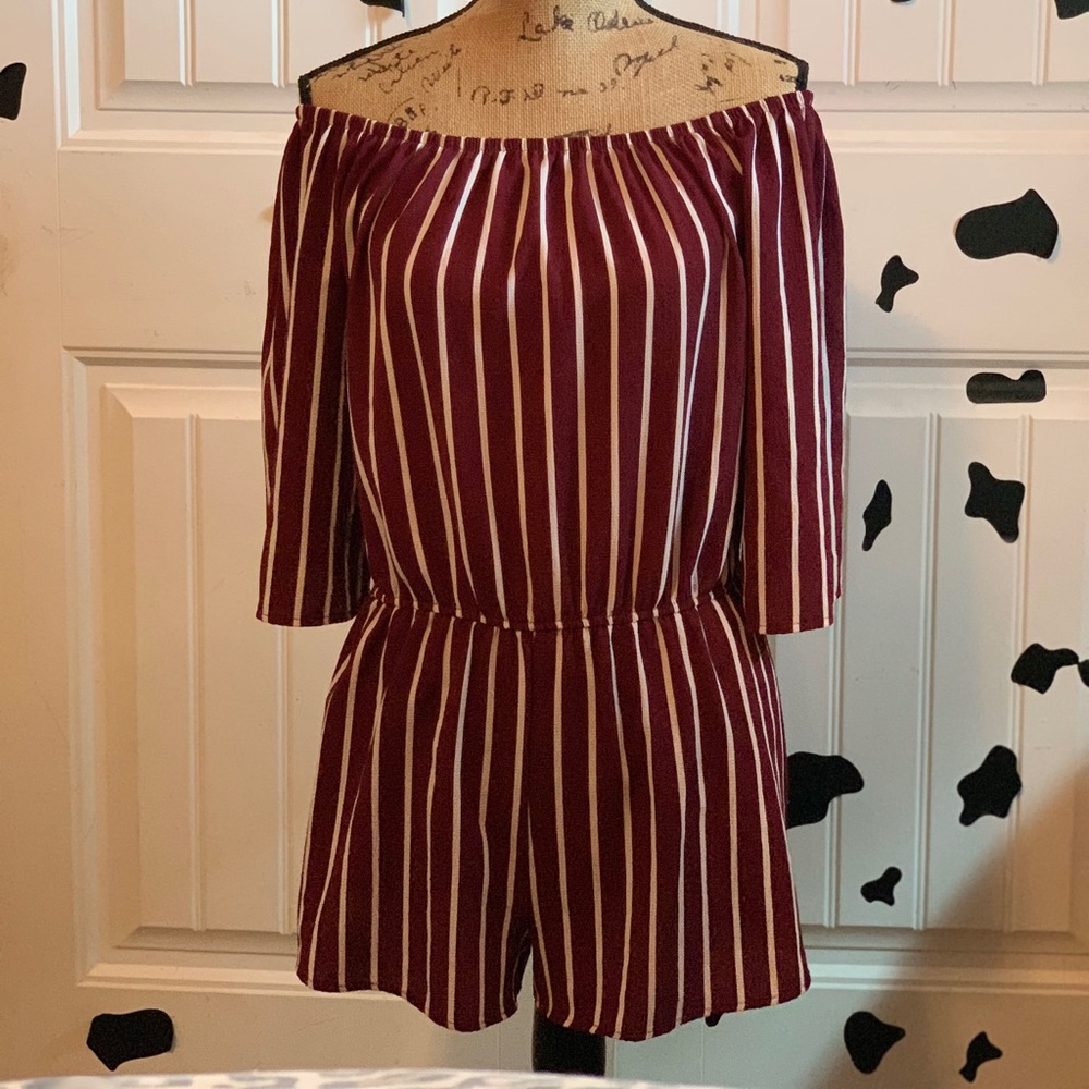 burgundy romper w white stripes
